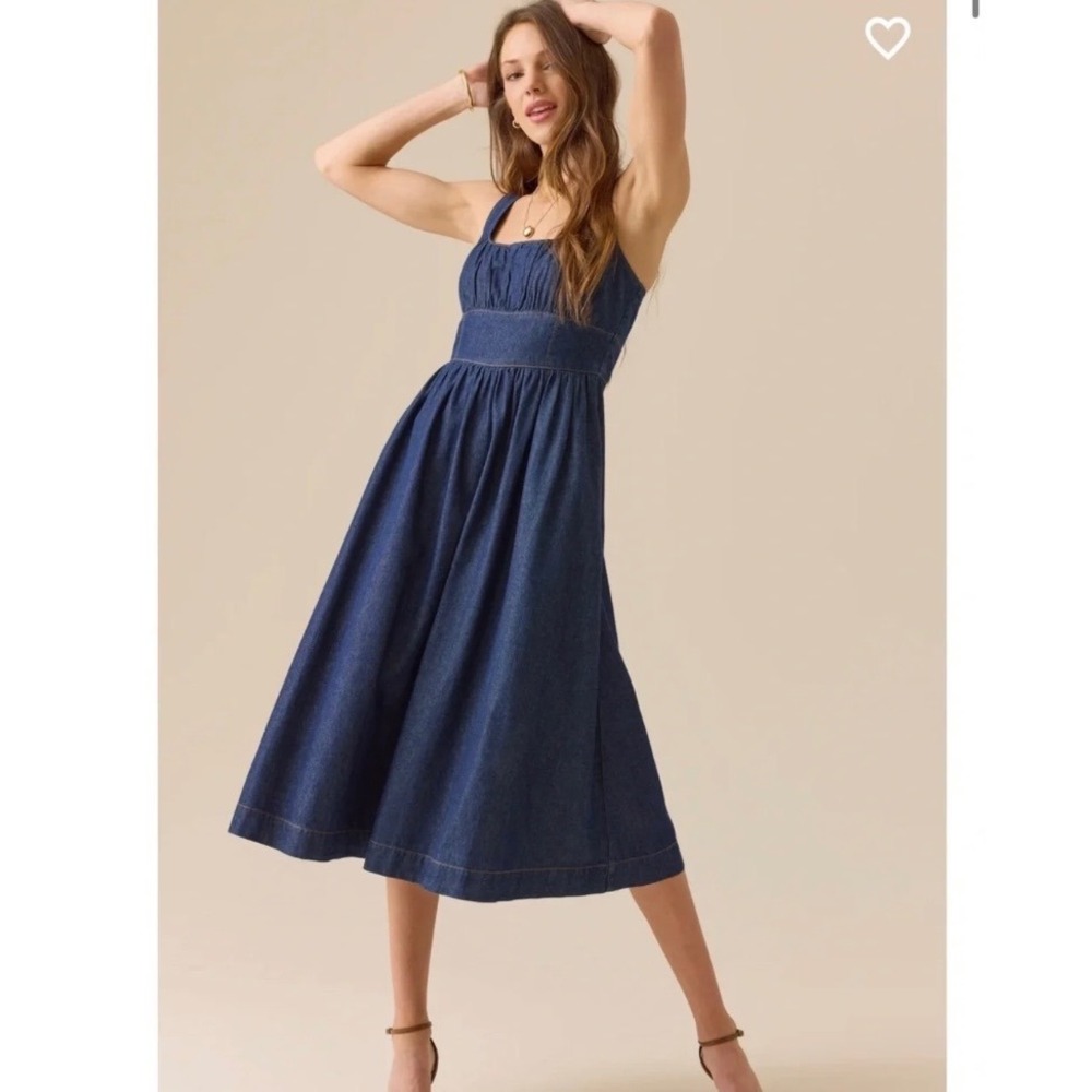 Altar'd State Janice Blue Denim Fit & Flare Midi Dress Coquette Feminine XL
